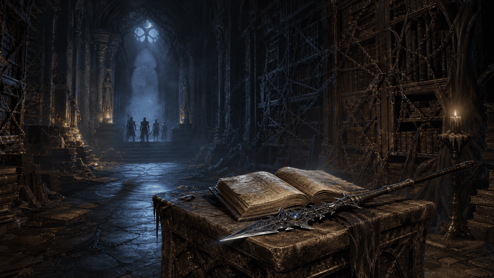 Baldur's Gate 3: Копьё Ночи и раскрытая книга в библиотеке Безмолвия