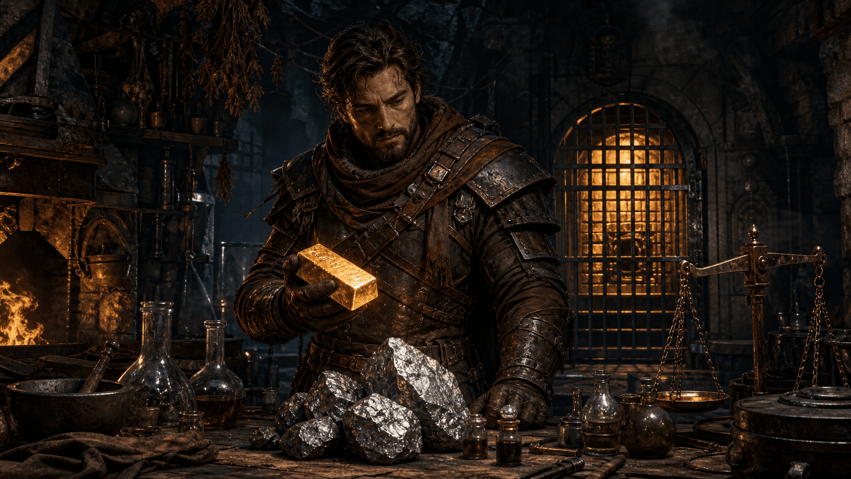 Наёмник держит золотой слиток над серебряной рудой у алхимического верстака и банковской решётки