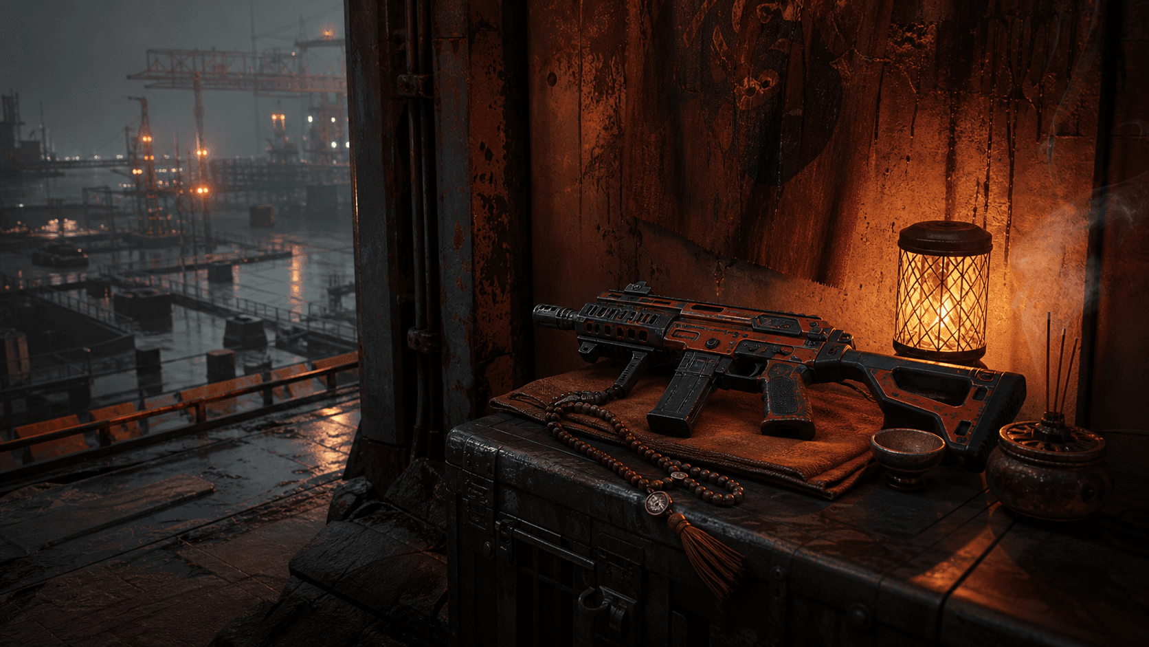 Cyberpunk 2077: пистолет-пулемёт Фенрир рядом с монашескими чётками