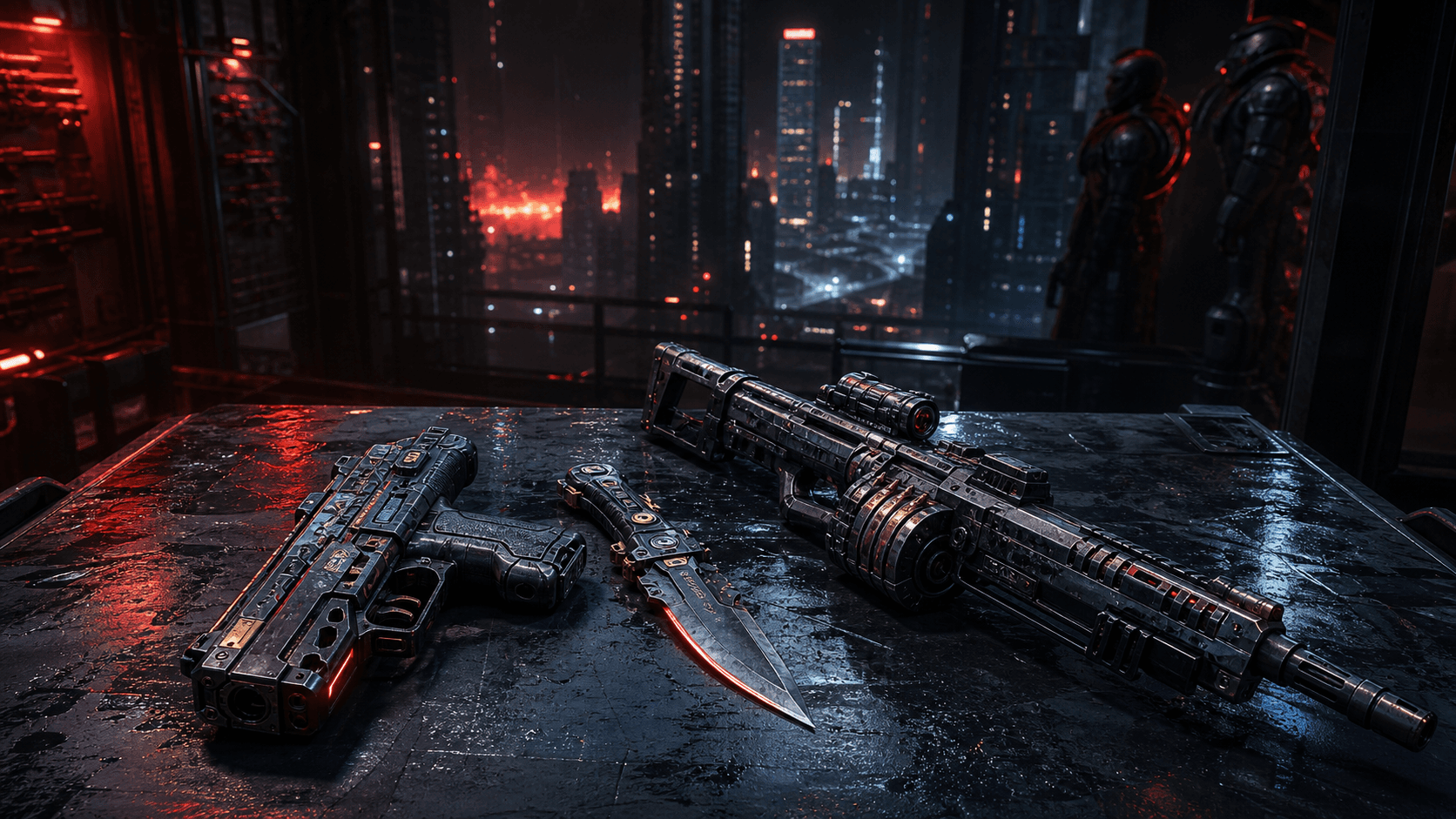 Cyberpunk 2077 Phantom Liberty: оружие Курта Хансена на столе в арсенале