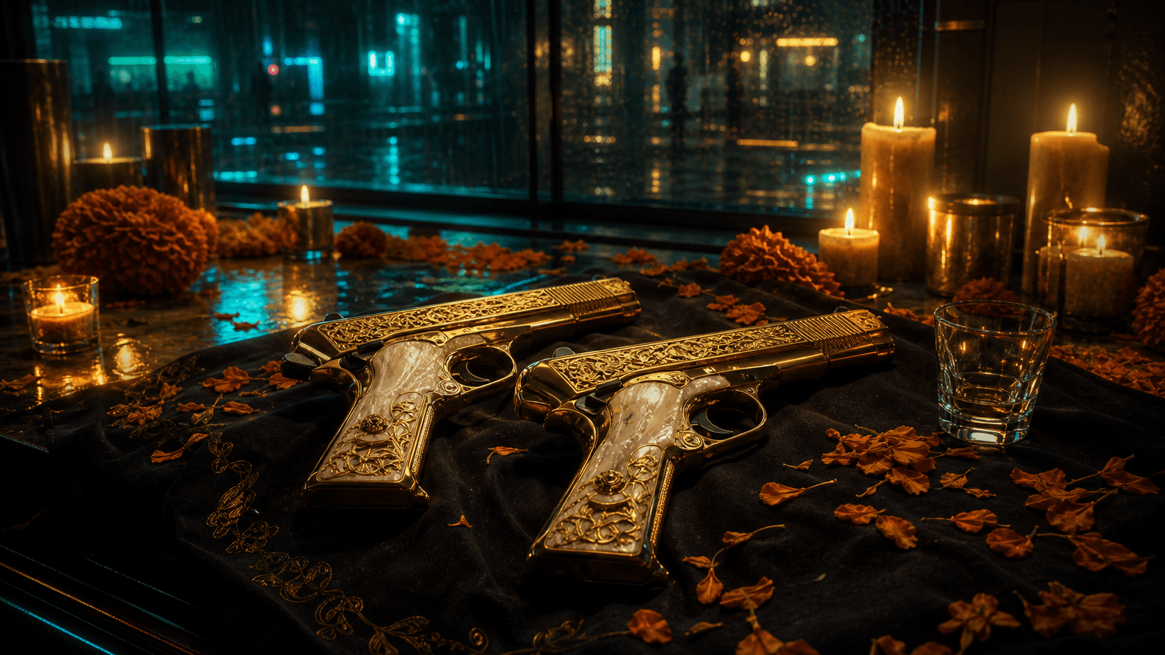 Cyberpunk 2077: золотые пистолеты Джеки на мемориальном алтаре