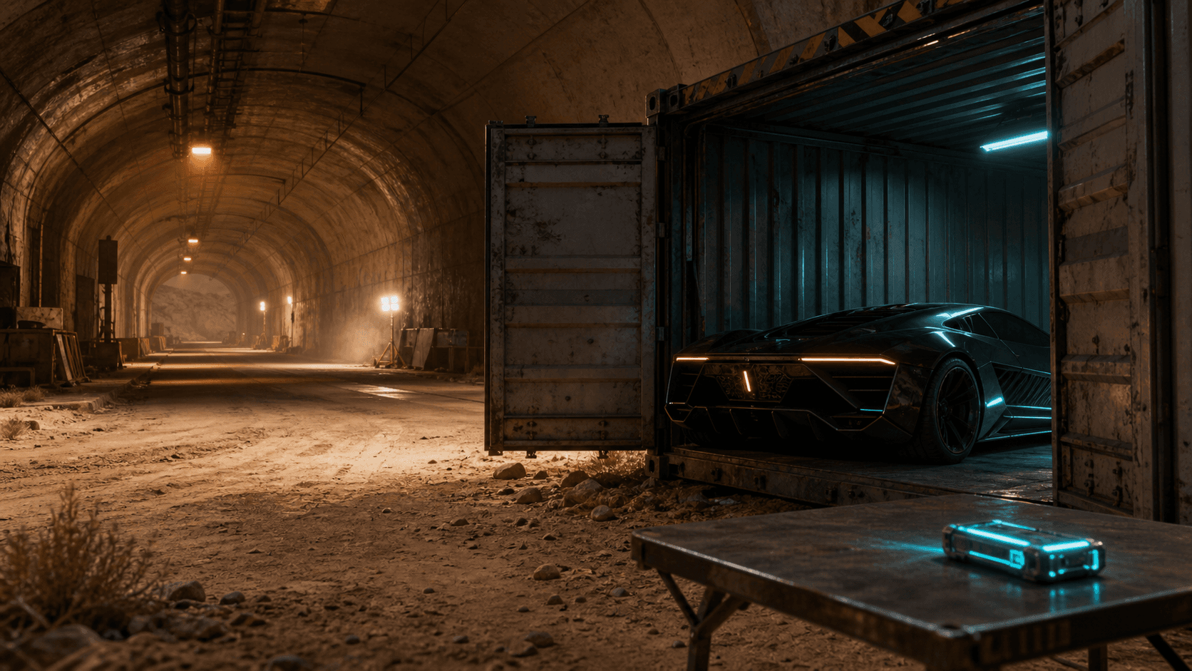 Cyberpunk 2077: чёрный Rayfield Caliburn в контейнере внутри тоннеля