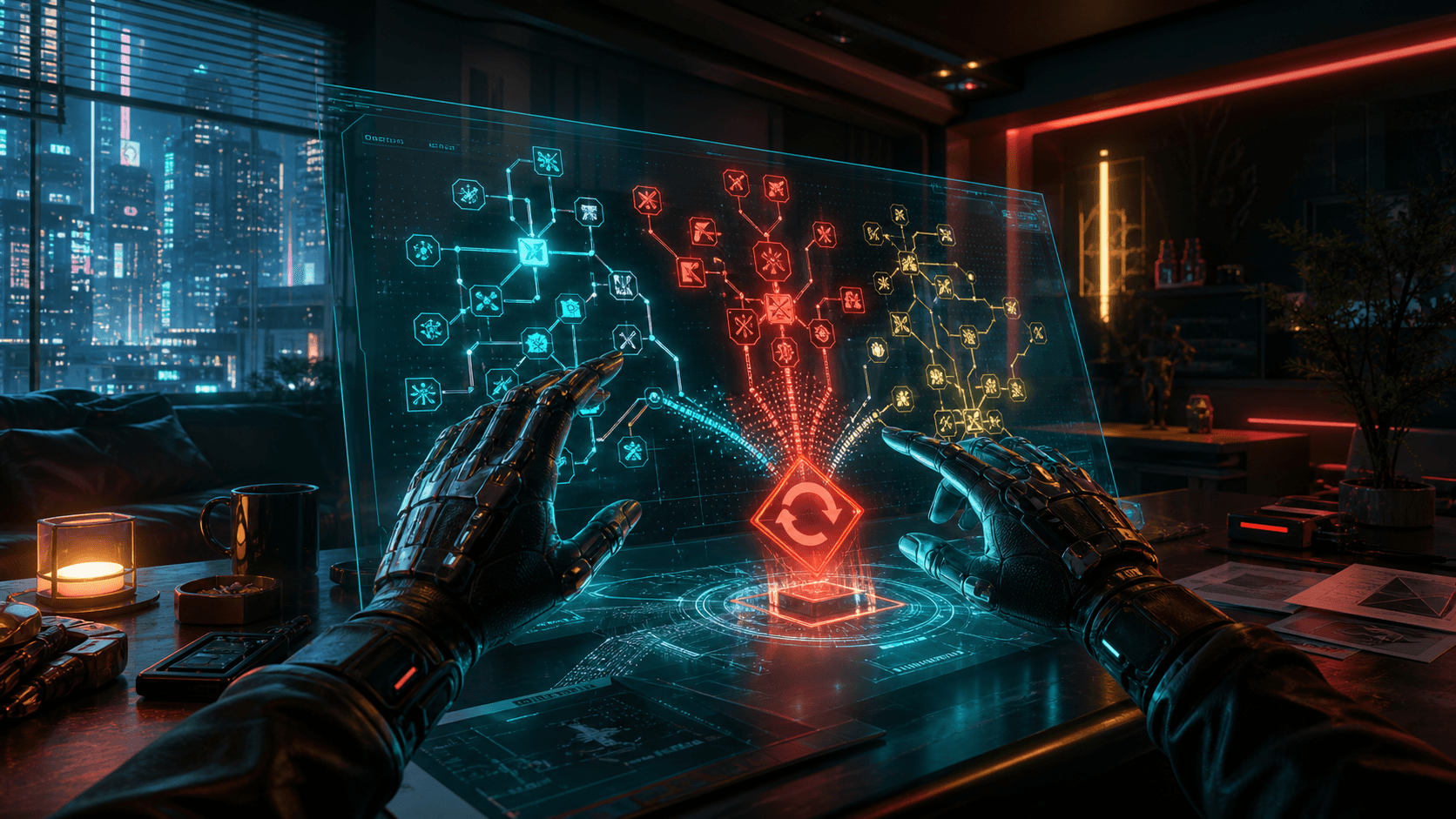 Cyberpunk 2077: голографическое меню билда с красной кнопкой сброса и ветками перков