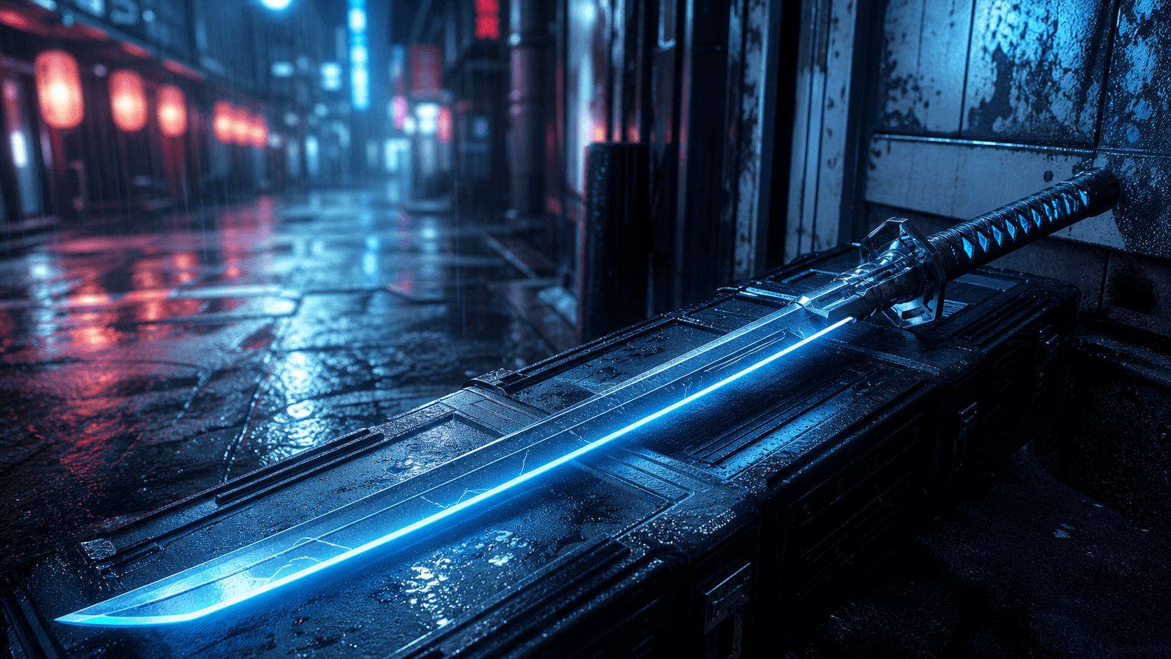 Cyberpunk 2077: синяя катана Скальпель в неоновом переулке