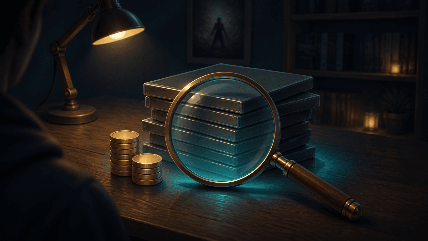 Оригинальная иллюстрация: лупа, стопка игровых коробок и монеты на вечернем столе