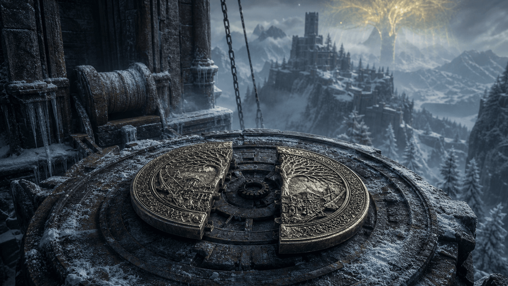 Elden Ring: две половины тайного медальона на заснеженном подъёмнике