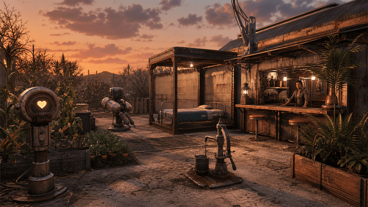 Fallout 4: небольшое поселение с кроватью, водой, турелью и баром для 100% счастья
