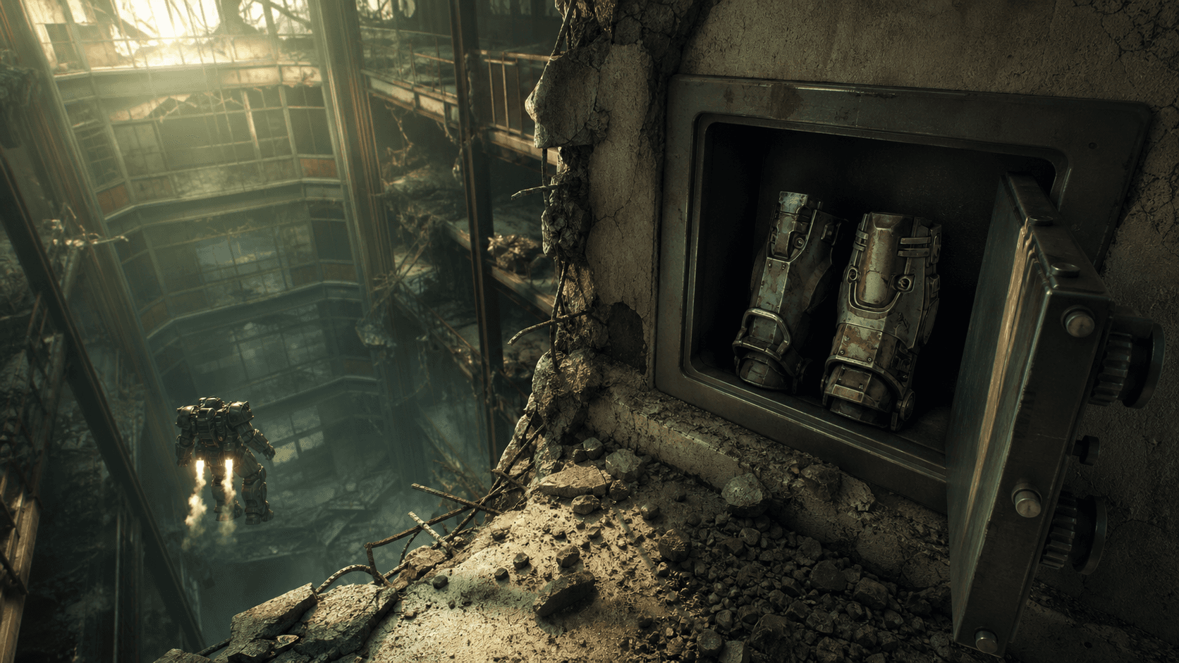 Fallout 4: сейф с двумя ногами Десантной брони Freefall Legs на верхнем уровне здания Mass Fusion