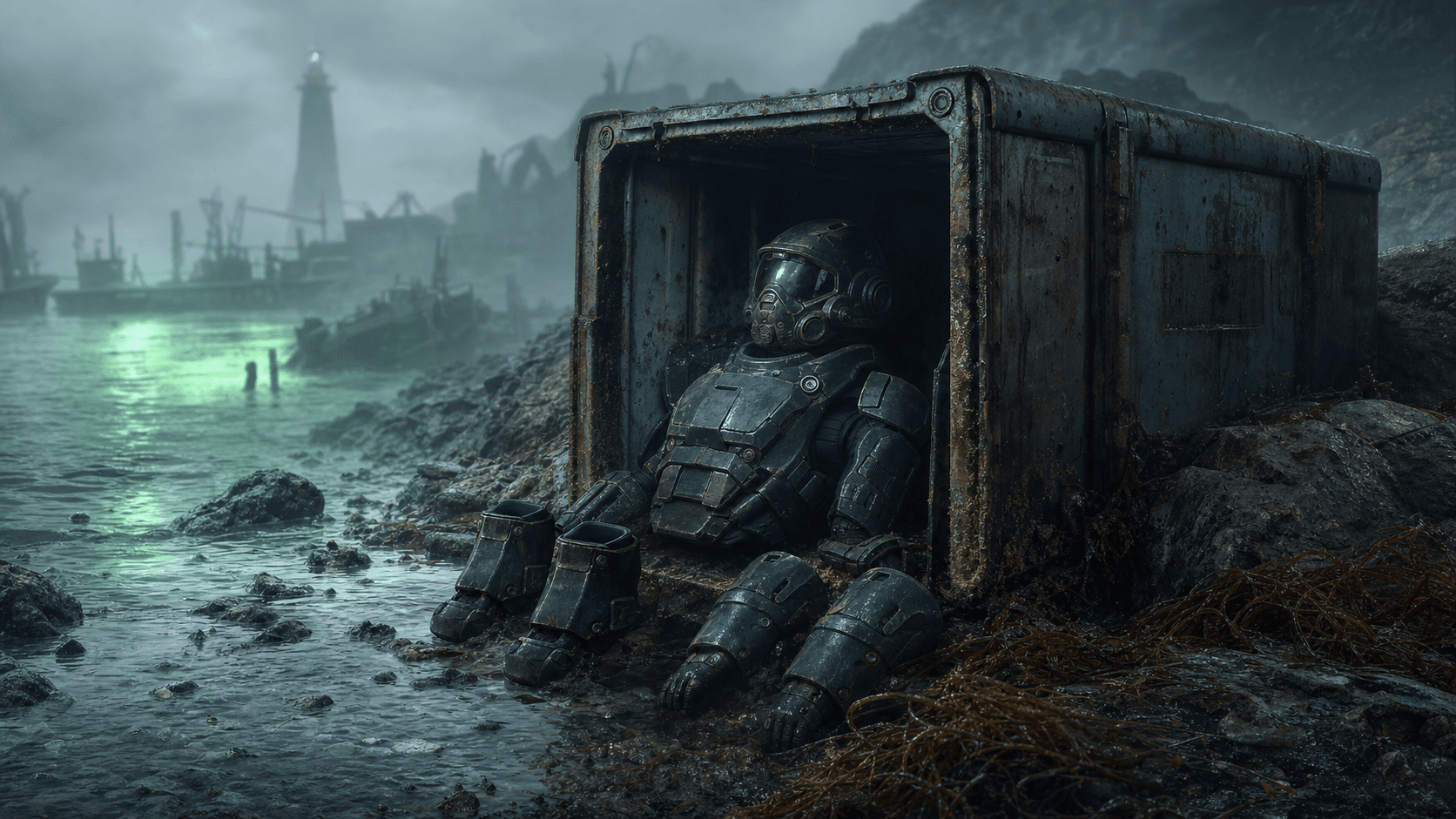 Fallout 4: штурмовая броня морской пехоты в контейнере на туманном берегу Far Harbor