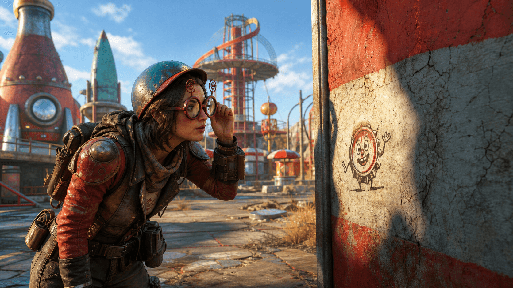 Fallout 4: искатель в очках Мистера Крышки смотрит на скрытый рисунок в парке Nuka-World