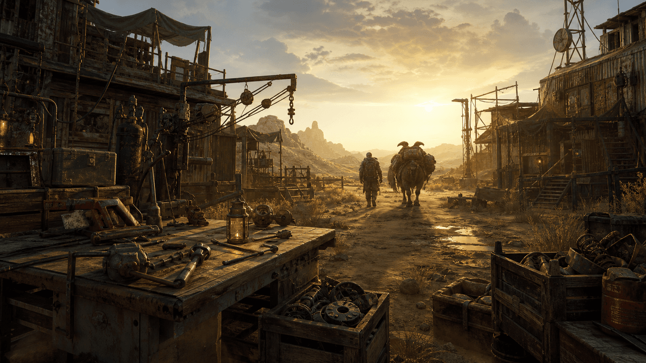 Fallout 4: поселение, верстак, ящики с хламом и снабженец с брамином на дороге