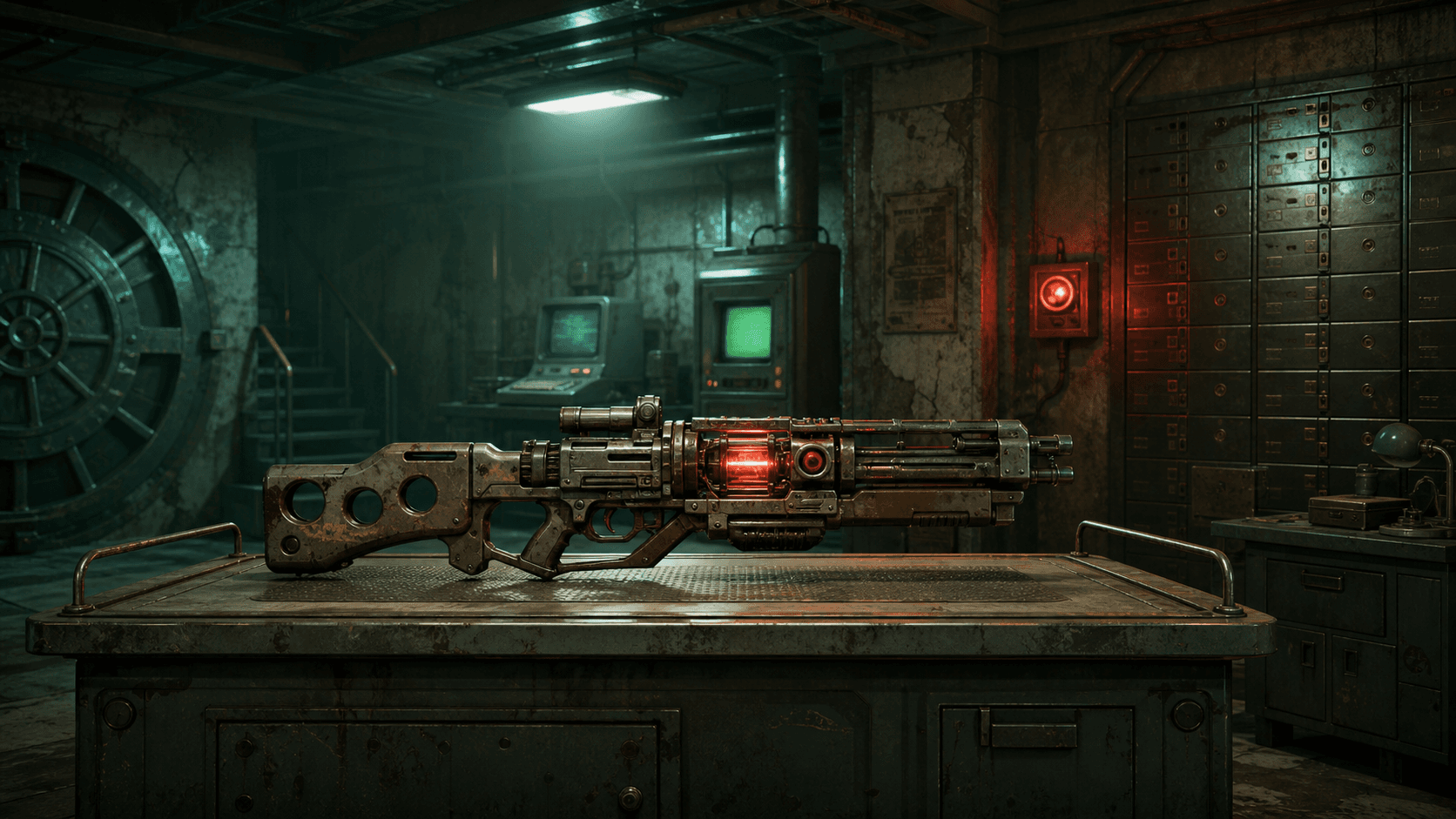 Fallout 4: прототип UP77 на столе в скрытой лаборатории под банковским хранилищем Юниверсити-пойнта