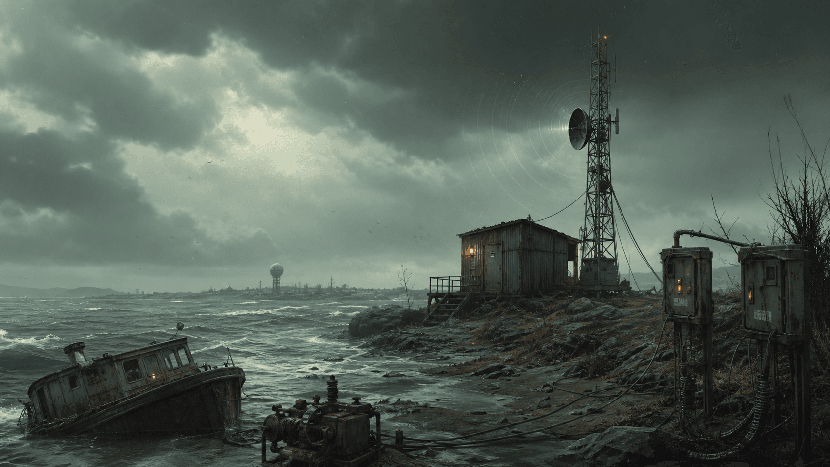 Fallout 4: штормовой остров с радиомачтой, хижиной мастерской и полузатонувшим судном у берега