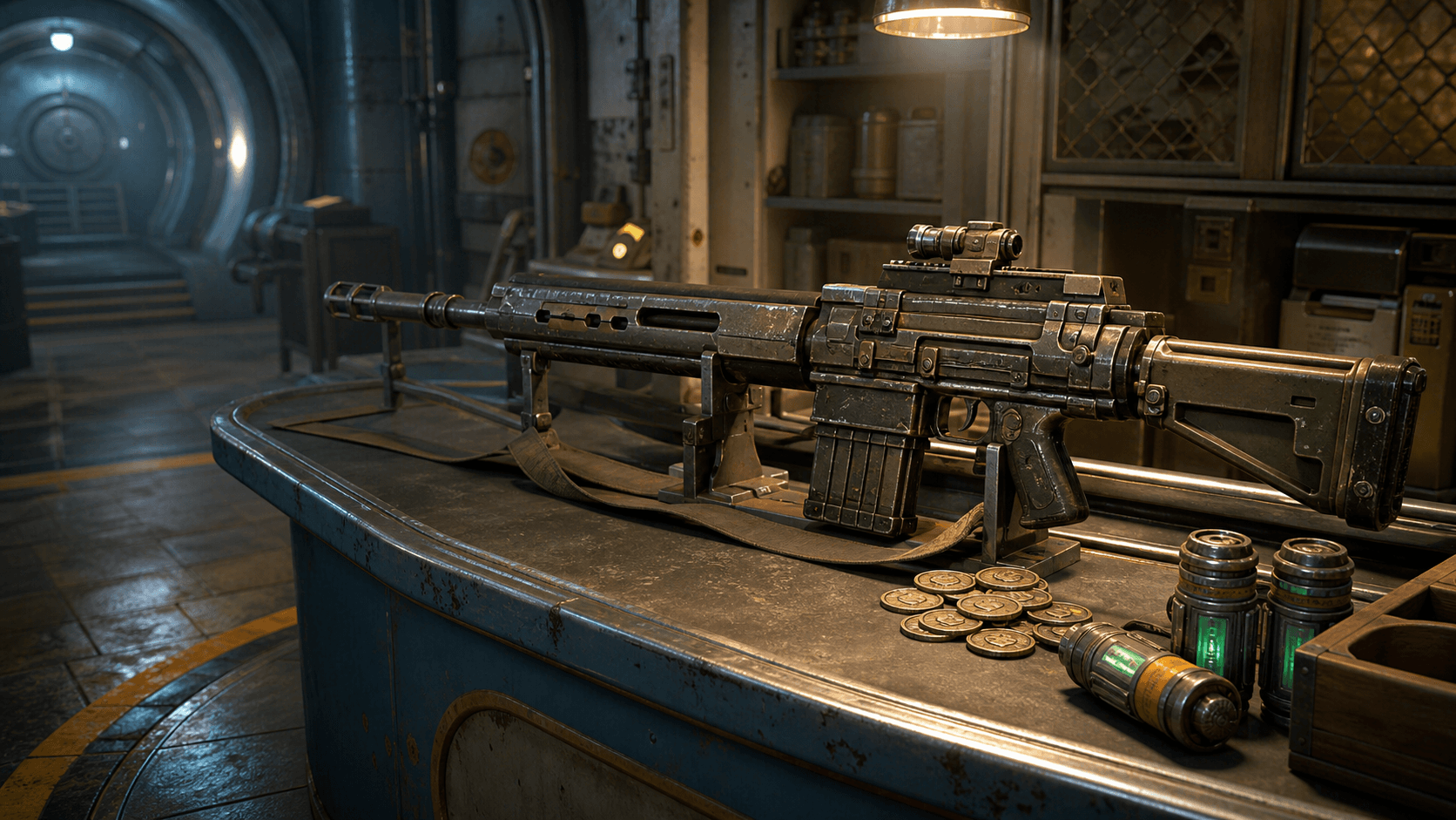 Fallout 4: уникальный боевой карабин «Страж Смотрителя» на стойке магазина Убежища 81