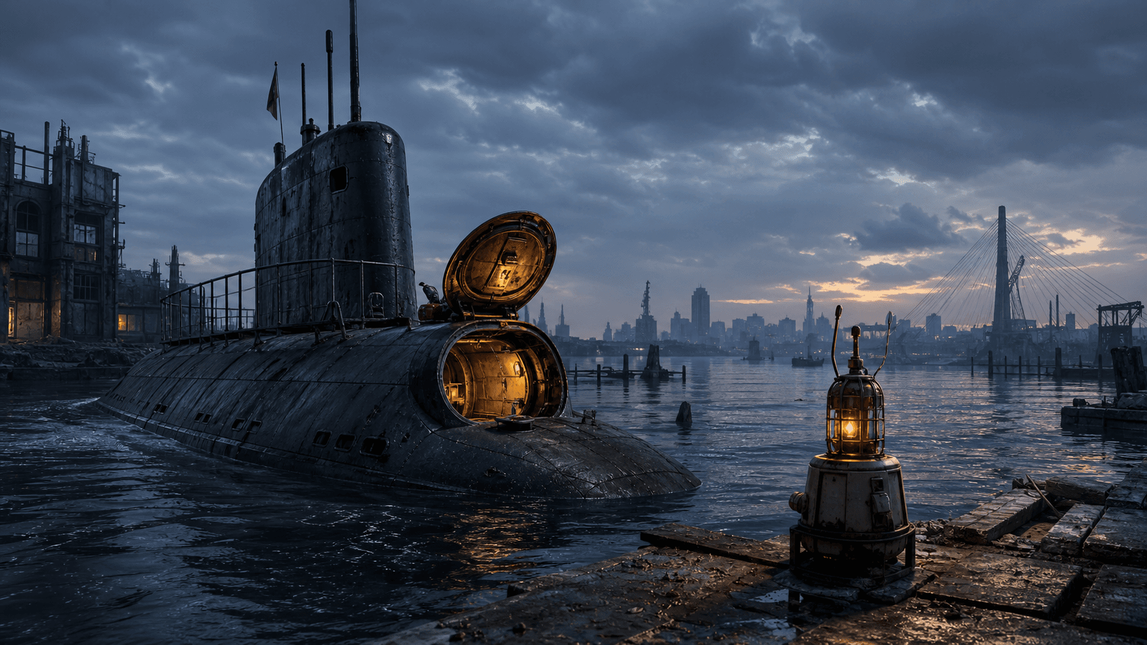 Fallout 4: подлодка Янцзы-31 у бостонской гавани, открытый люк и навигационный маяк