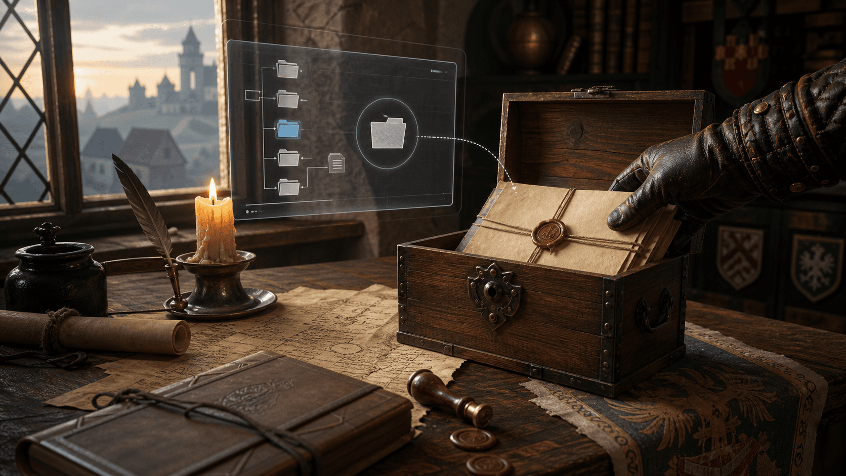Kingdom Come: Deliverance II: средневековый стол с сундуком и прозрачной схемой папок backup