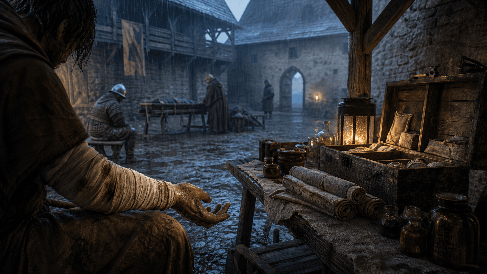 Kingdom Come: Deliverance II: дождливый двор крепости и свет над ранеными