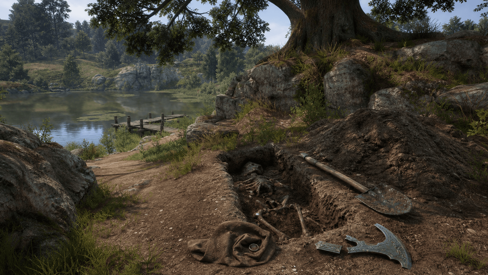 Kingdom Come: Deliverance II: раскопанная могила, лопата и сломанный серебряный топор возле пруда
