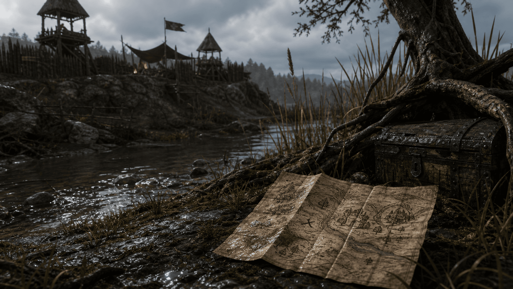 Kingdom Come: Deliverance II: карта видлакских разбойников, ручей и сундук у камышей
