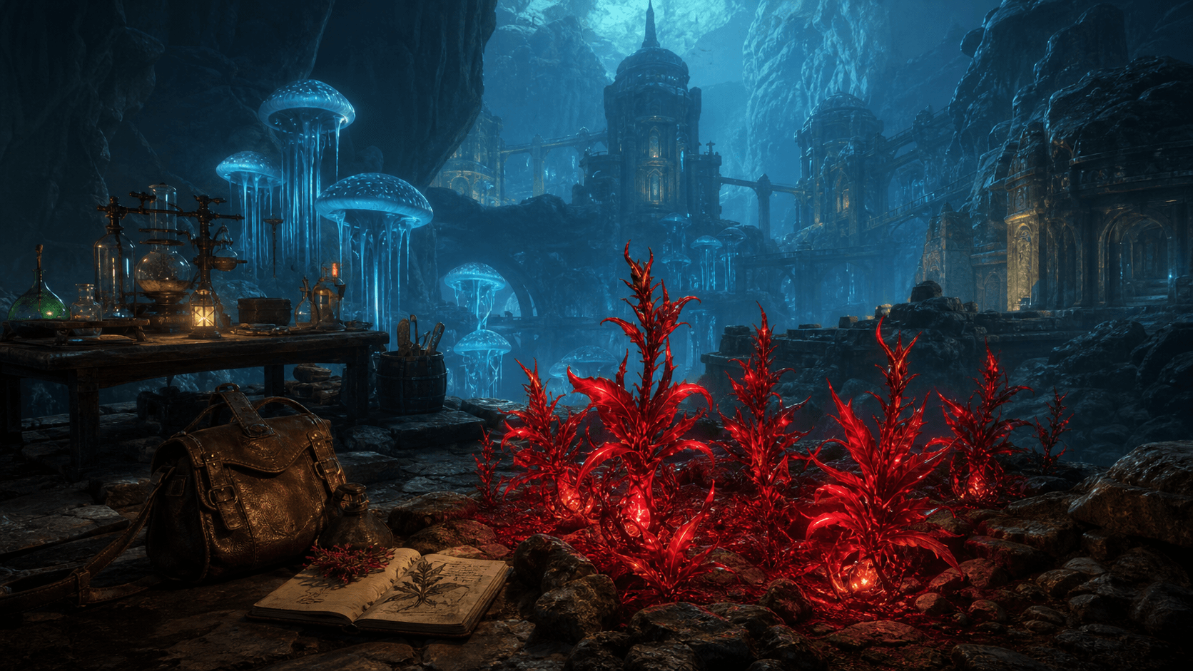Skyrim: алые корни Нирна светятся в Чёрном Пределе рядом с лабораторией Синдериона