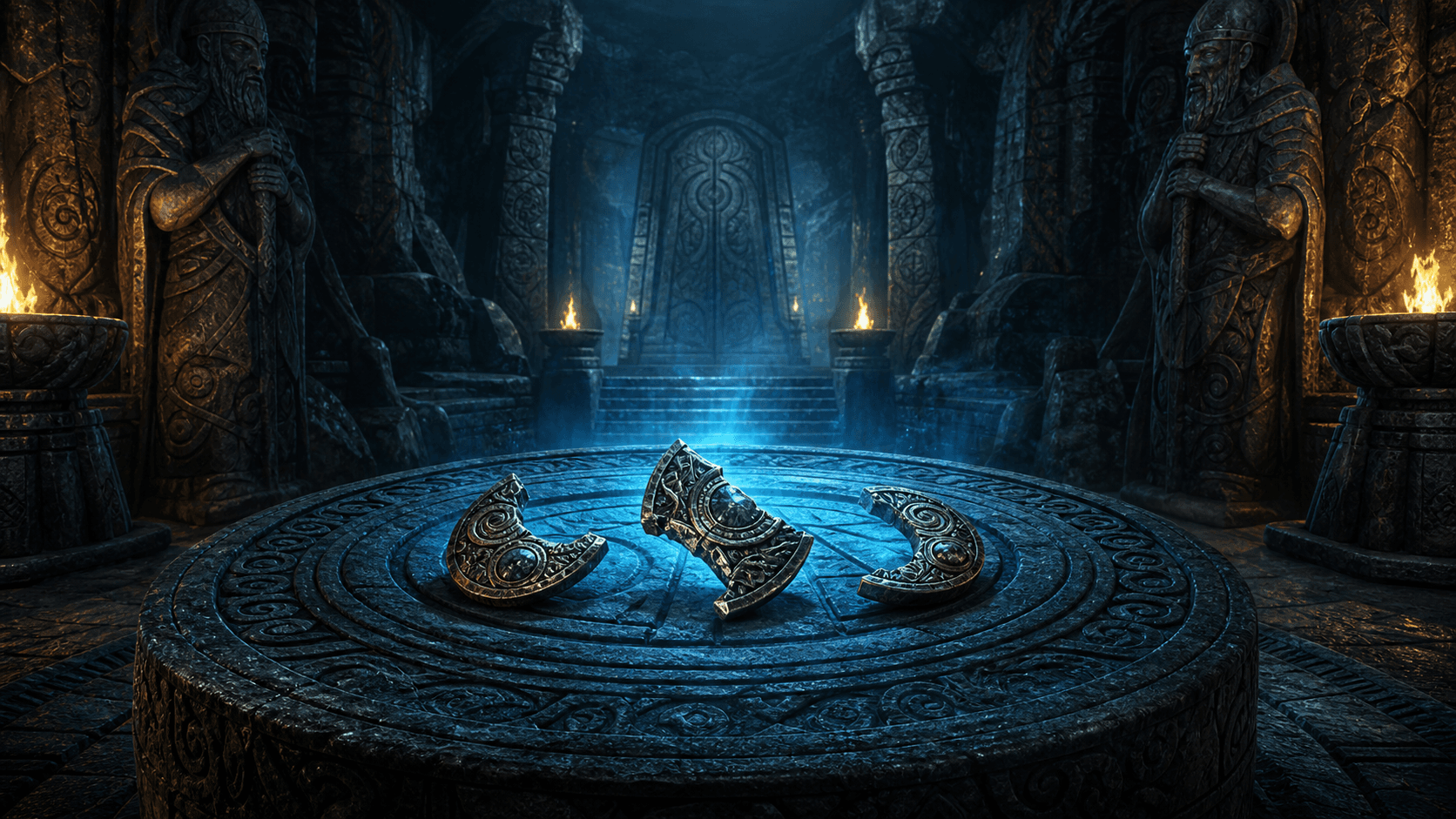 Skyrim: три фрагмента Амулета Голдура на пьедестале в древнем нордском зале