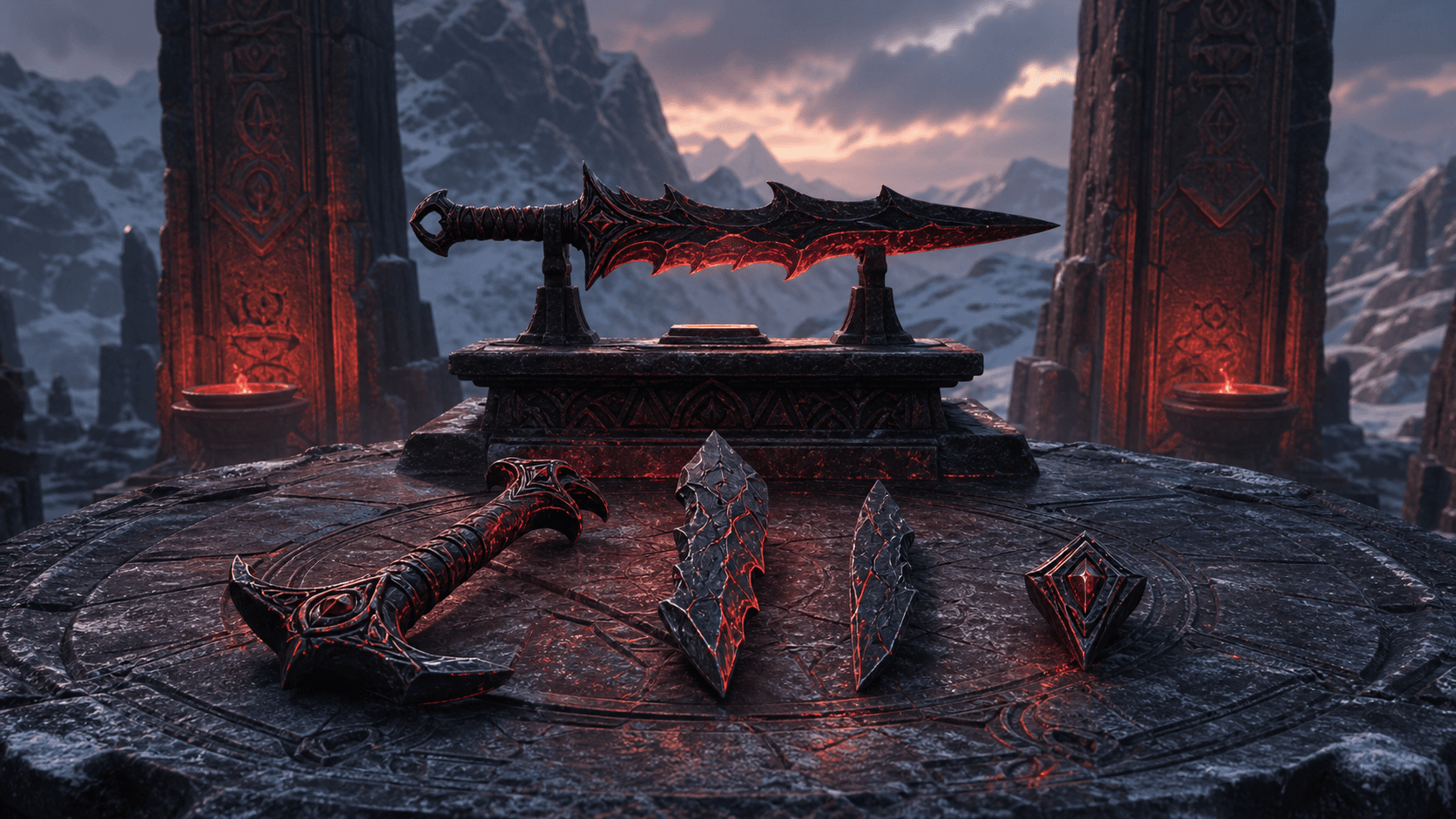 Skyrim: фрагменты Бритвы Мерунеса на каменном алтаре у заснеженного святилища