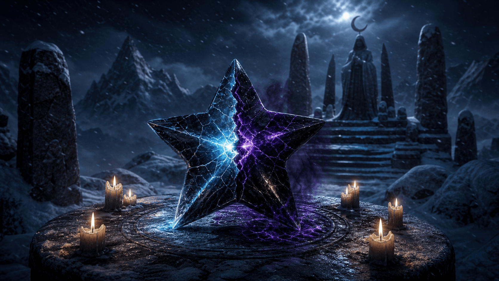Skyrim: расколотая Звезда Азуры на снежном святилище с синим и тёмно-фиолетовым свечением