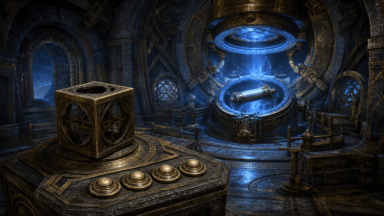 Skyrim: двемерский окулярий Башни Мзарк, Пустой словарь, кнопки и контейнер Древнего свитка
