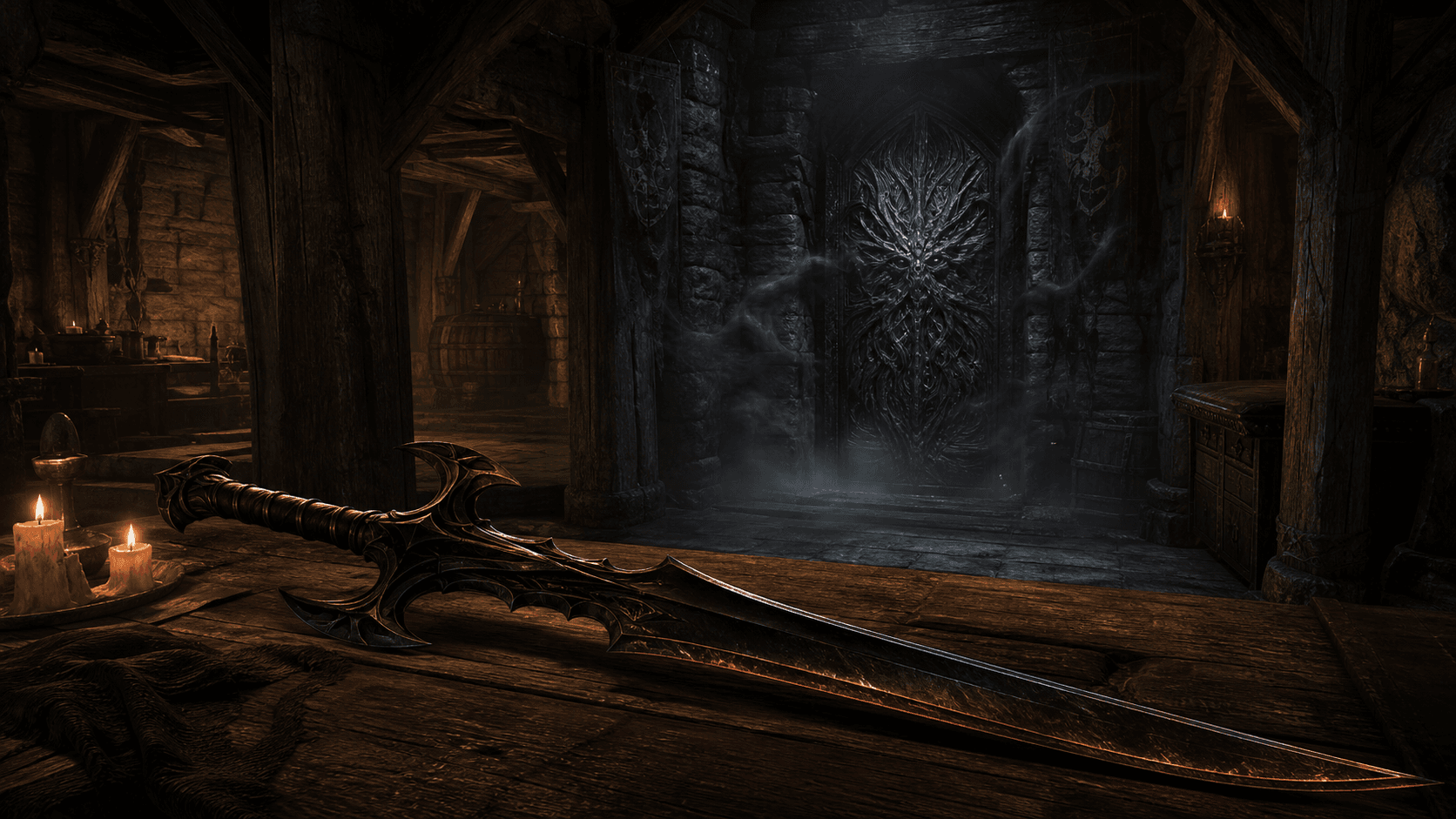 Skyrim: Эбонитовый клинок на столе перед шепчущей дверью в Драконьем Пределе
