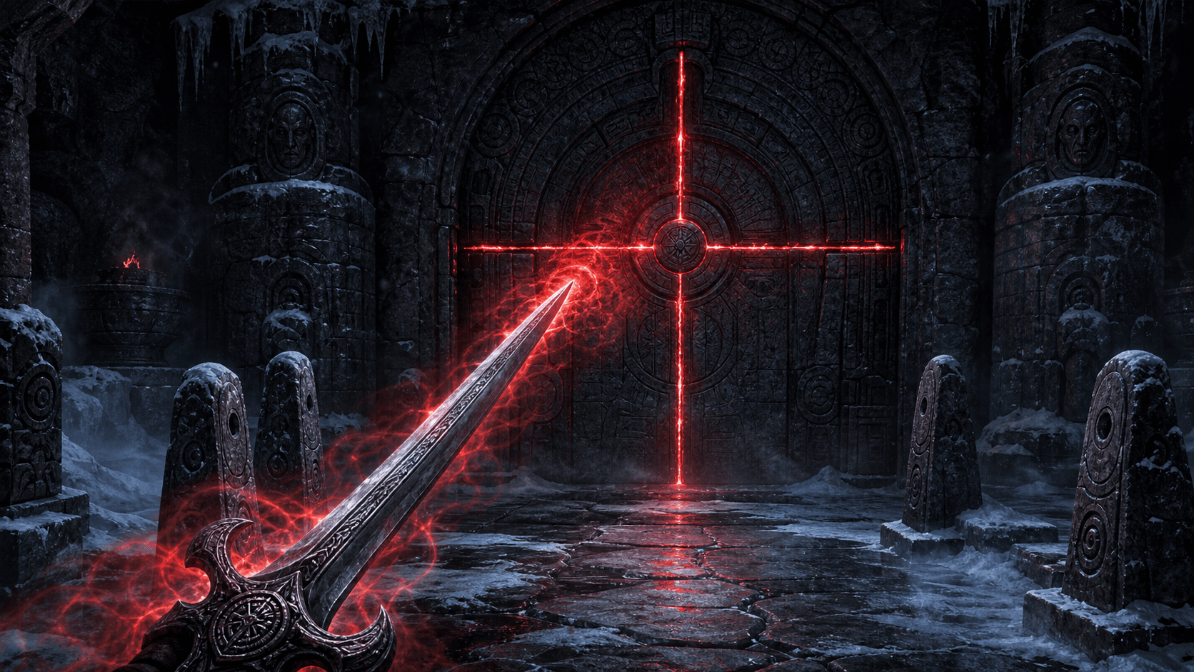 Skyrim Dragonborn: Клинок Бладскал выпускает красную волну в дверь с красными линиями