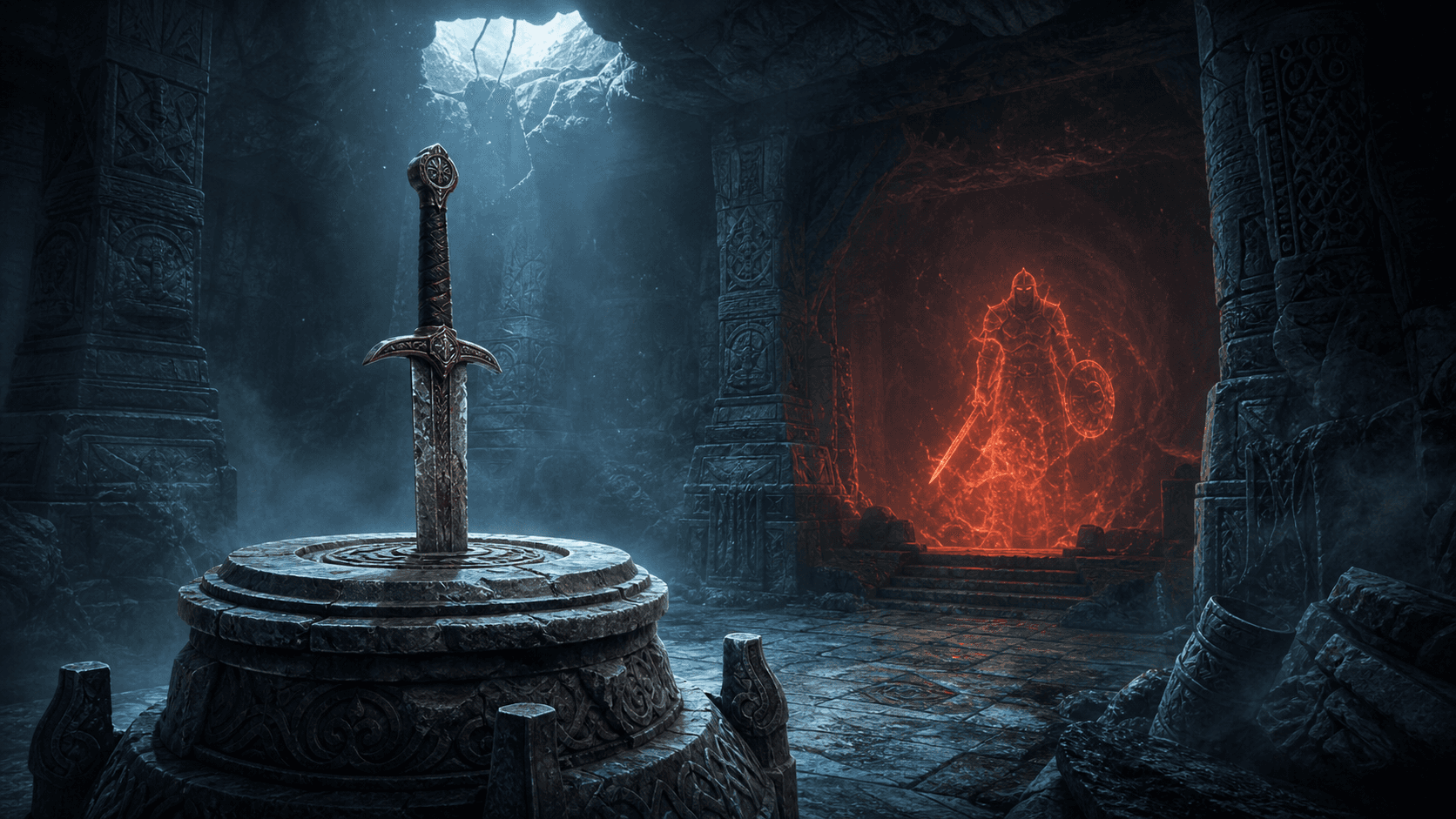 Skyrim: меч Красного Орла в пьедестале Каирна Мятежника и красный призрак в гробнице