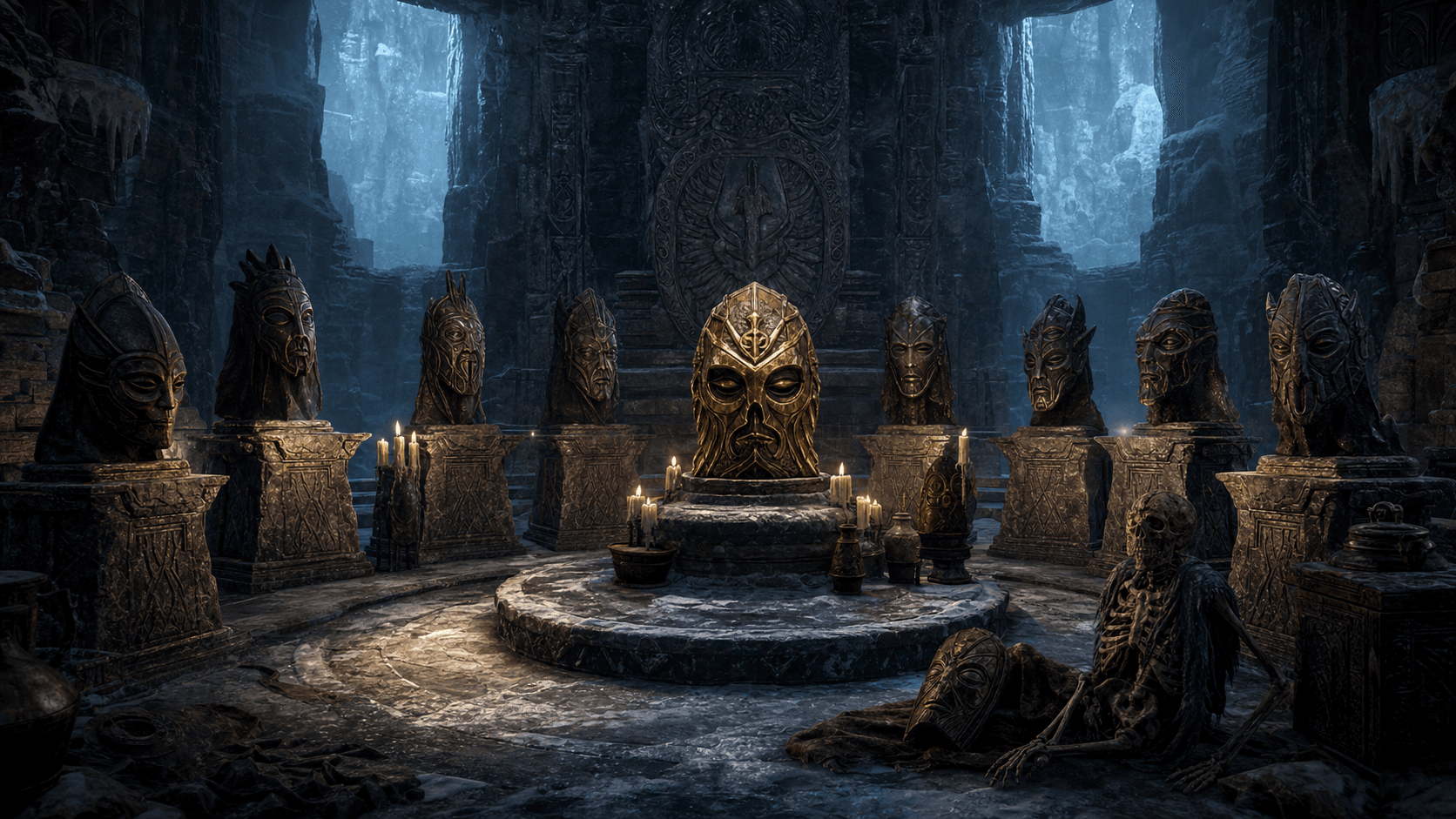 Skyrim: Святилище Бромьунара, бюсты драконьих жрецов, золотая маска Конарик и Деревянная маска