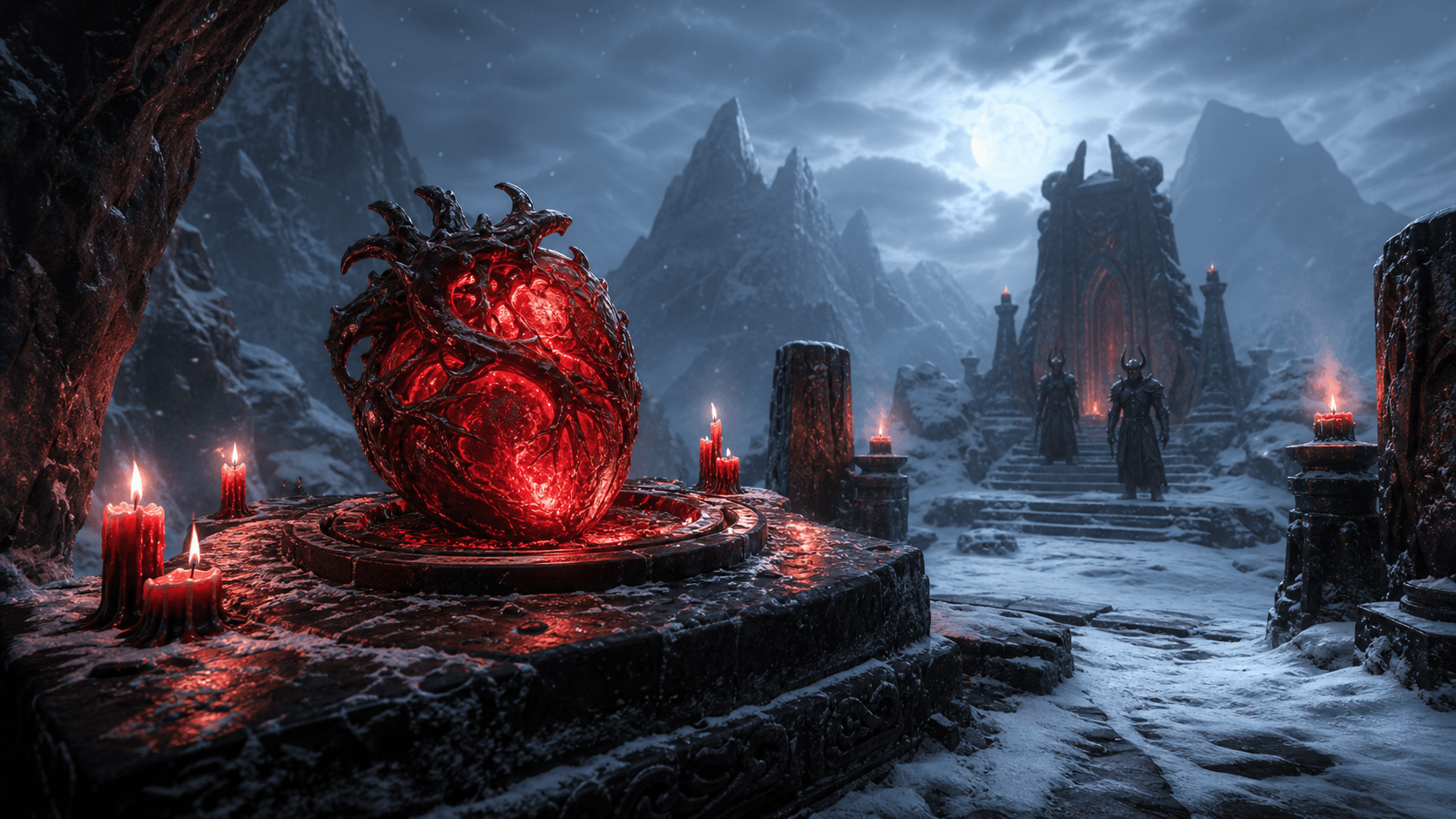 Skyrim: светящееся Сердце даэдра на алтаре у заснеженного святилища Мерунеса Дагона