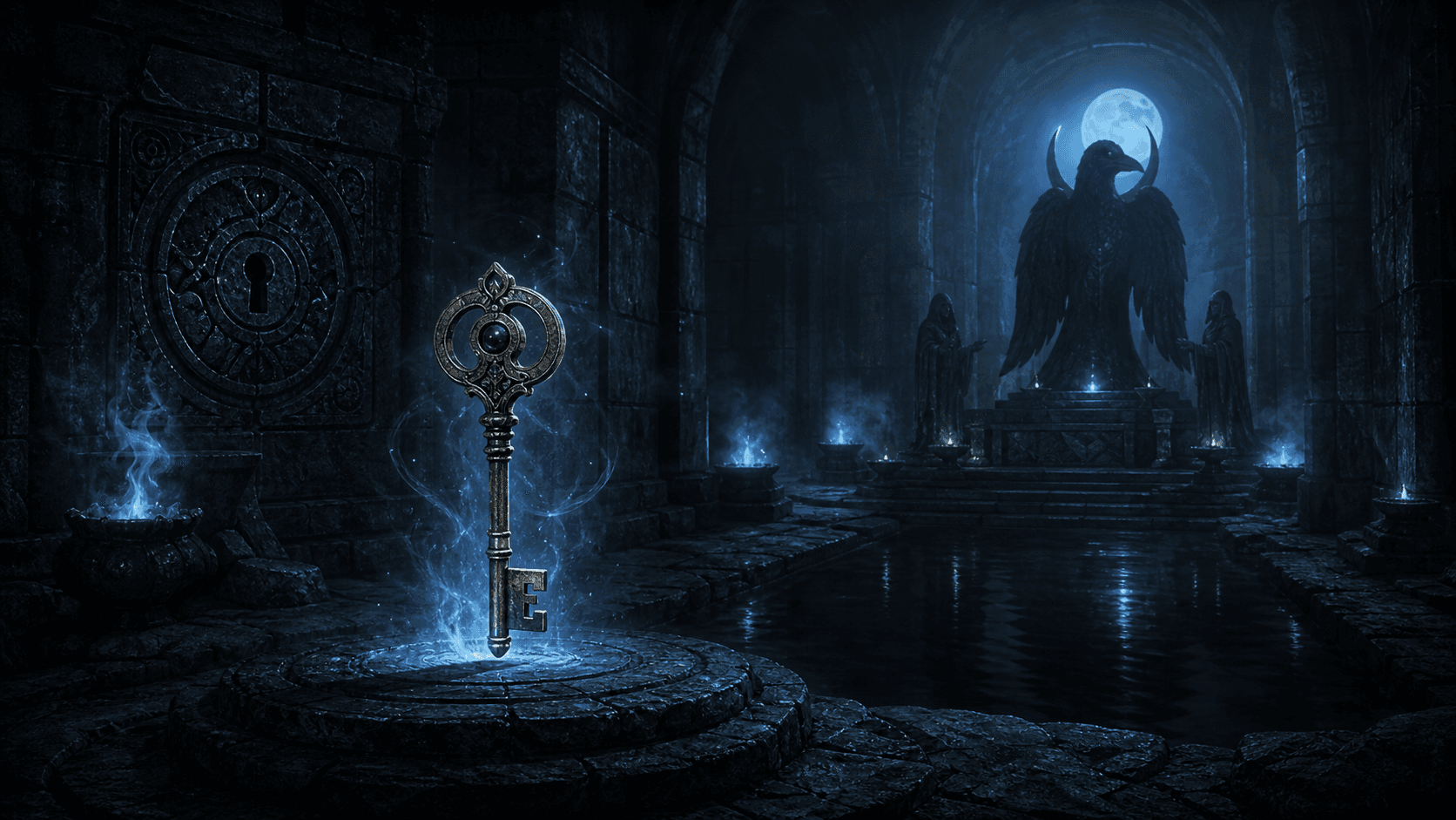 Skyrim: светящийся Скелетный ключ в тёмной Сумеречной гробнице у каменного замка и чёрного озера
