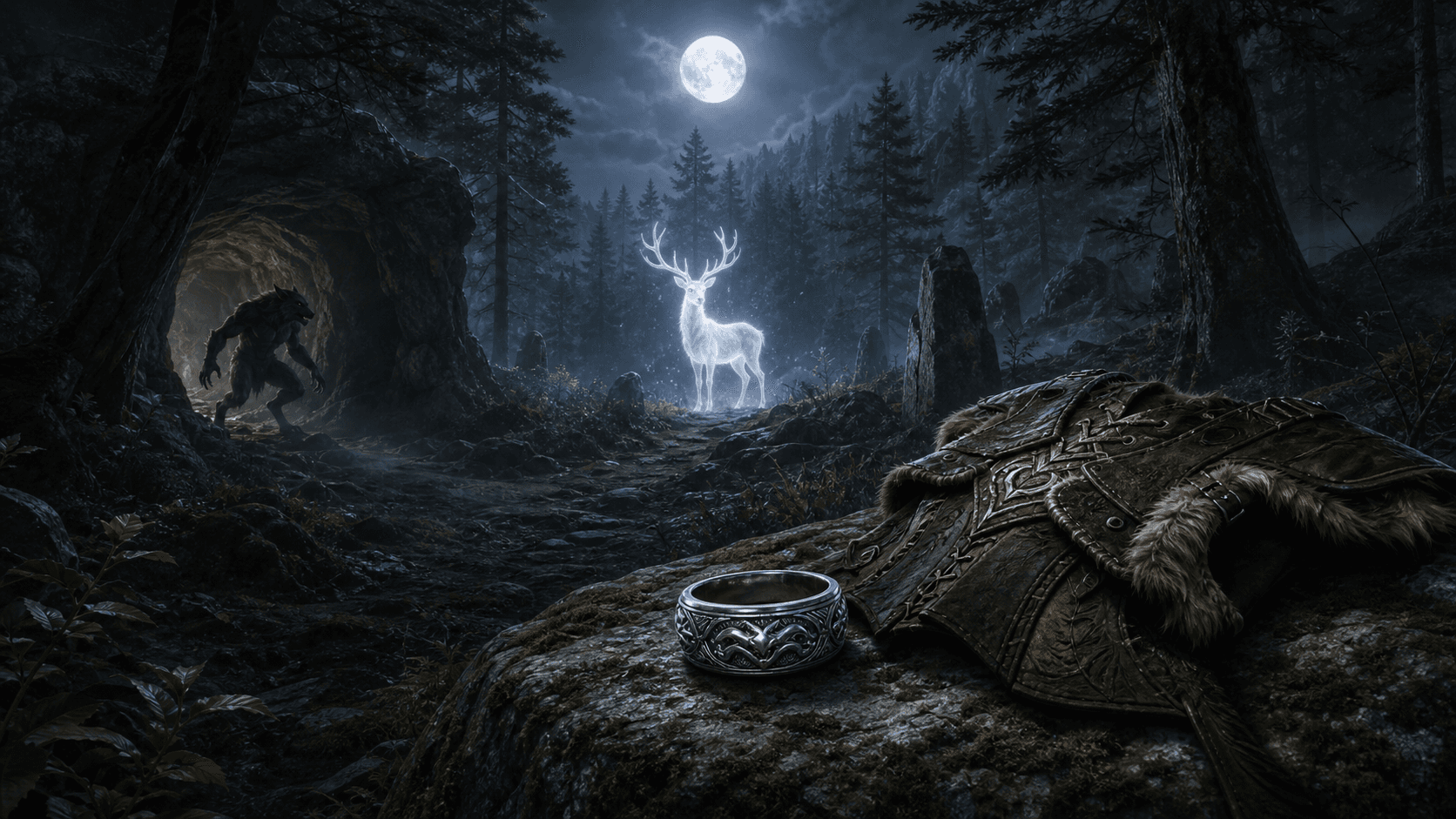 Skyrim: белый олень Хирсина в ночном лесу, кольцо и Шкура Спасителя у Грота Утопленника