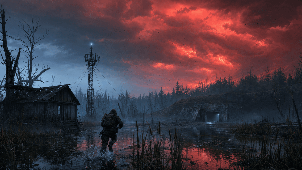 S.T.A.L.K.E.R. 2: болото, пси-маячок, красное небо выброса и вход в укрытие базы Чистого неба