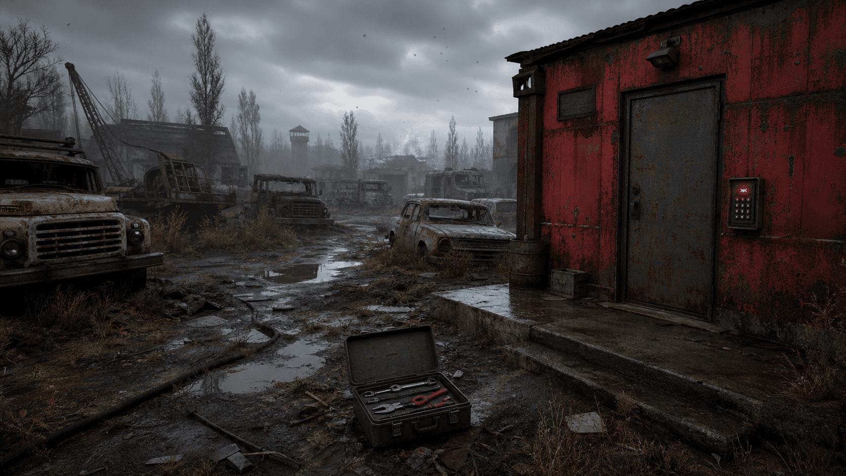 S.T.A.L.K.E.R. 2: Кладбище техники, красное здание с кодовой дверью и ящик инструментов Банзая