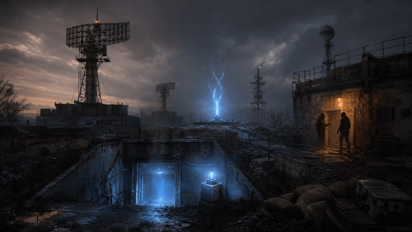 S.T.A.L.K.E.R. 2: лагерь «Икар» с тремя антеннами, входом в бункер и синим свечением пси-маяка