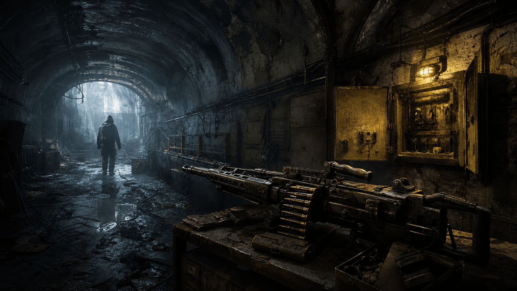S.T.A.L.K.E.R. 2: тяжёлый пулемёт «Обжора» на столе в тёмном туннеле Ростка рядом с электрическим щитком