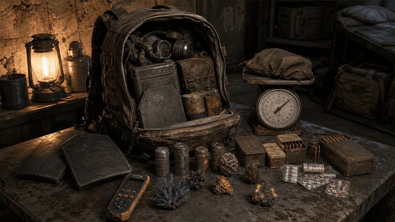 S.T.A.L.K.E.R. 2: тяжёлый рюкзак, снаряжение, артефакты и аптечки на столе