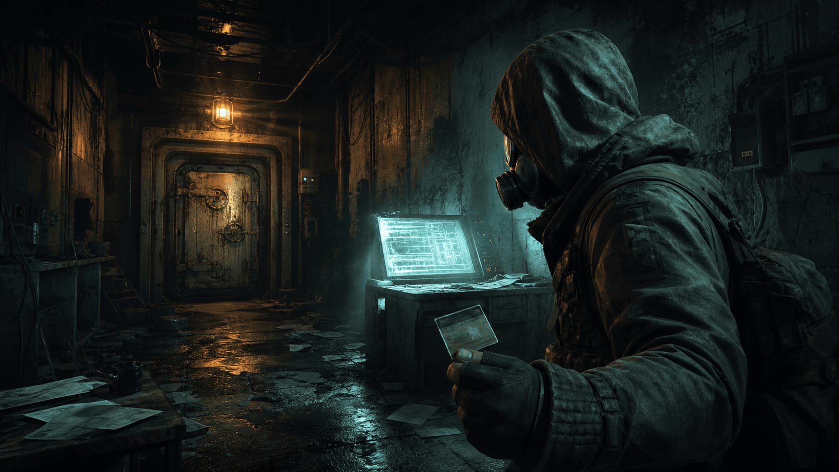 S.T.A.L.K.E.R. 2: сталкер с ключ-картой перед дверью лаборатории X5 и терминалом с чертежом