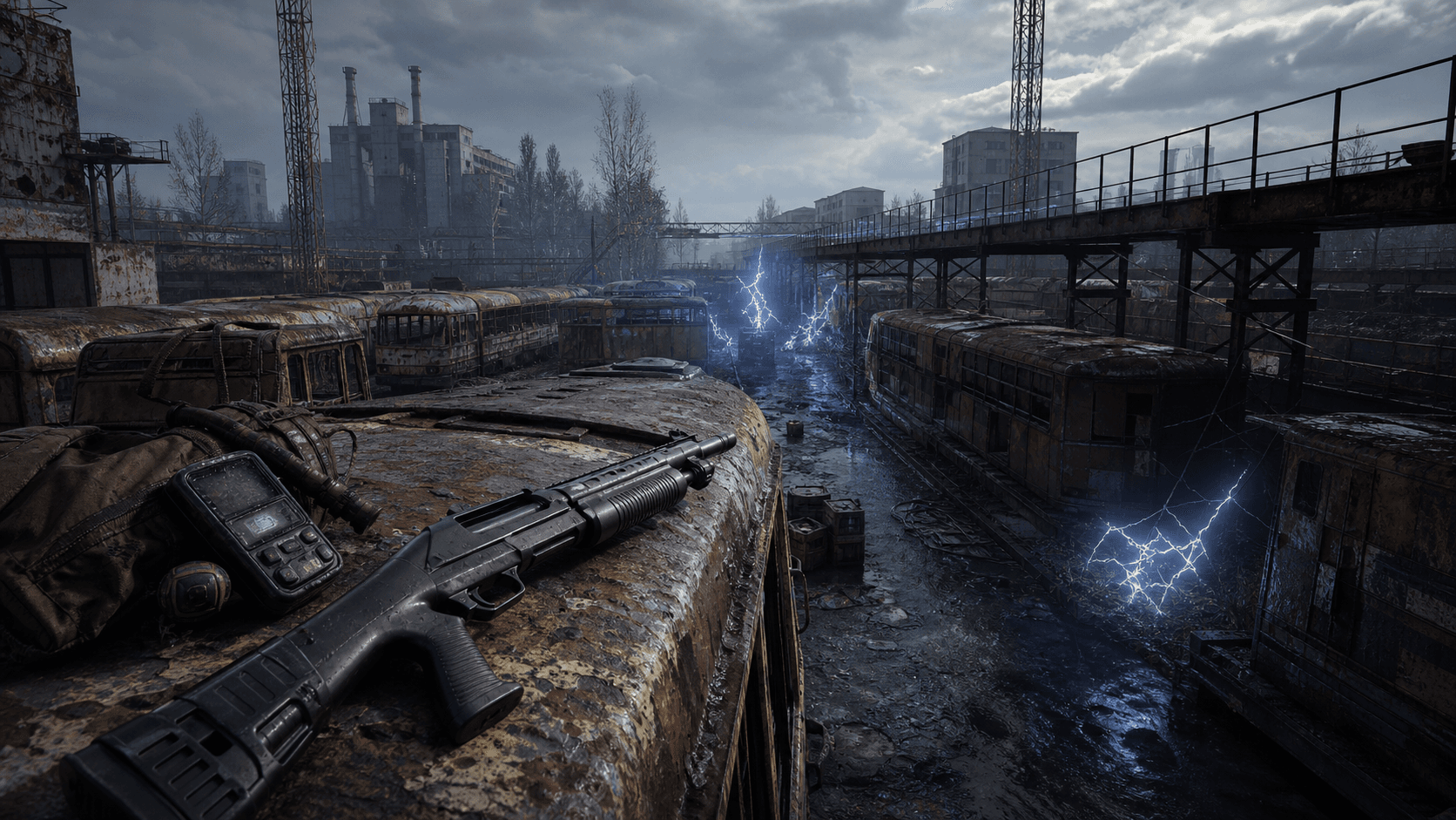 S.T.A.L.K.E.R. 2: Сайга Д-12 лежит на ржавом автобусе у электрической аномалии на Янтаре