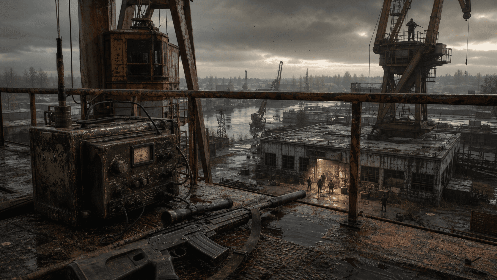 S.T.A.L.K.E.R. 2: портовые краны Затона, радиостанция и винтовка на снайперской позиции