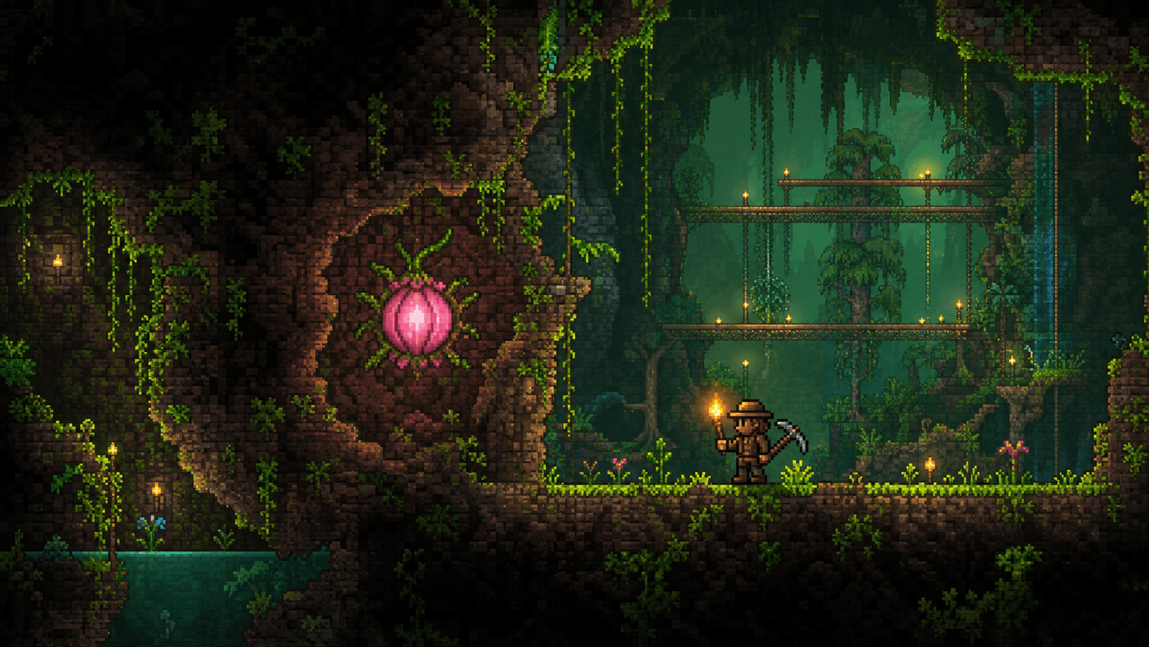 Terraria: розовый бутон Плантеры в подземных джунглях и подготовленная арена