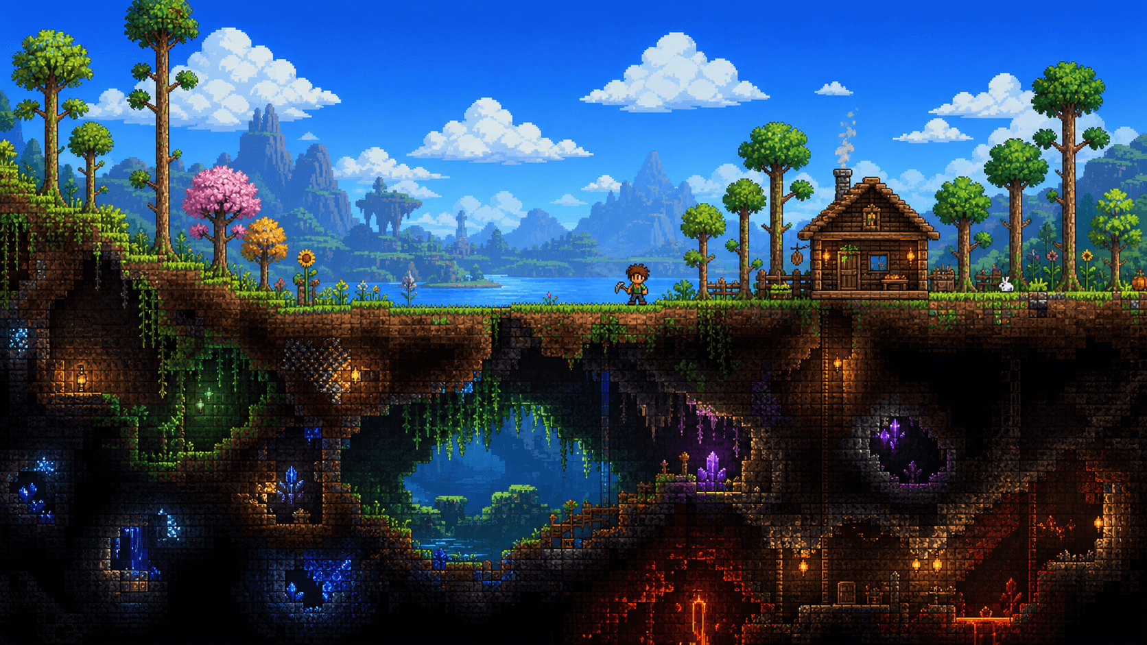 Terraria: дневной мир с домом, деревьями и подземными пещерами