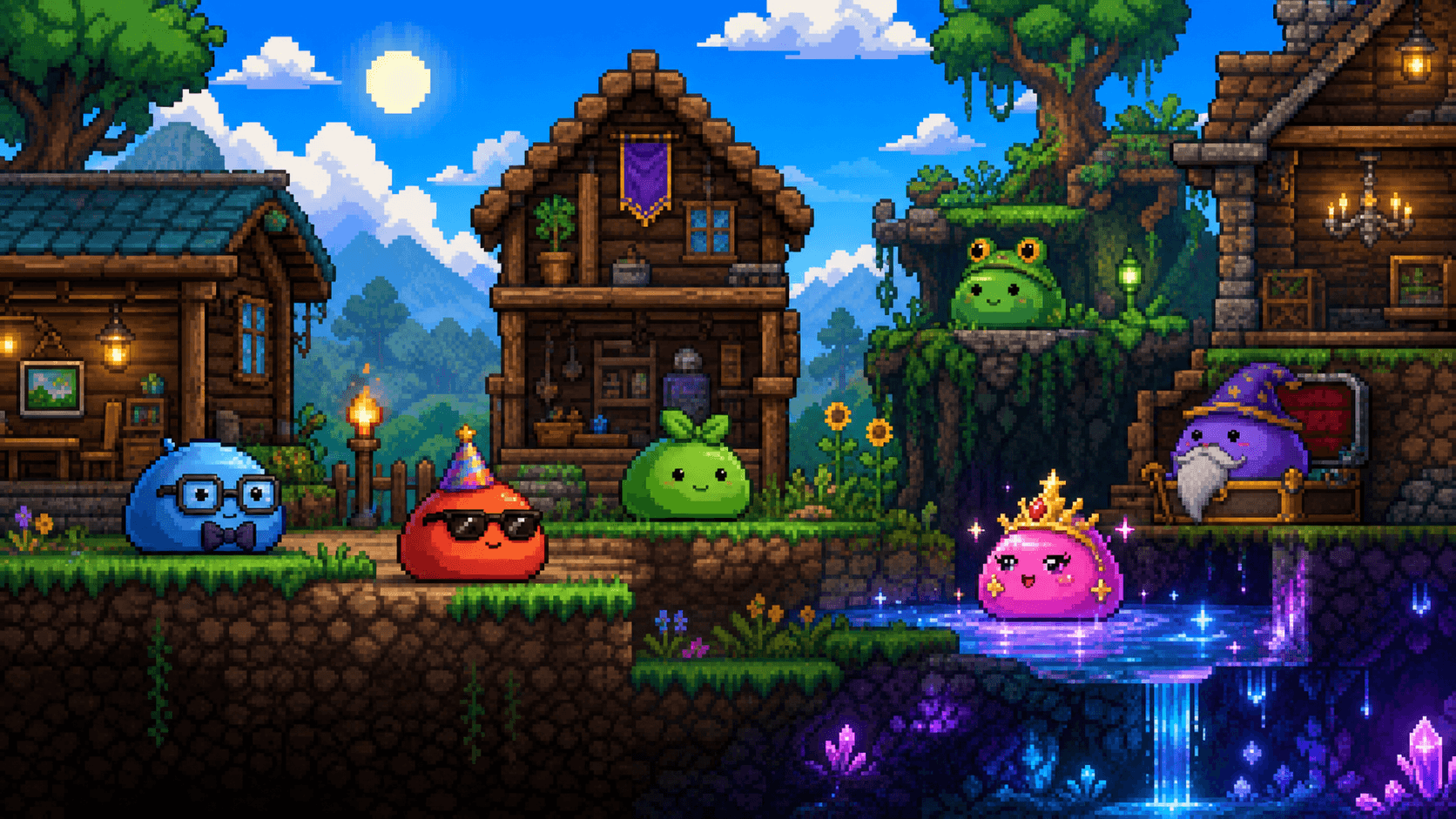 Terraria: город с домами и восемью городскими слизнями рядом с Мерцанием