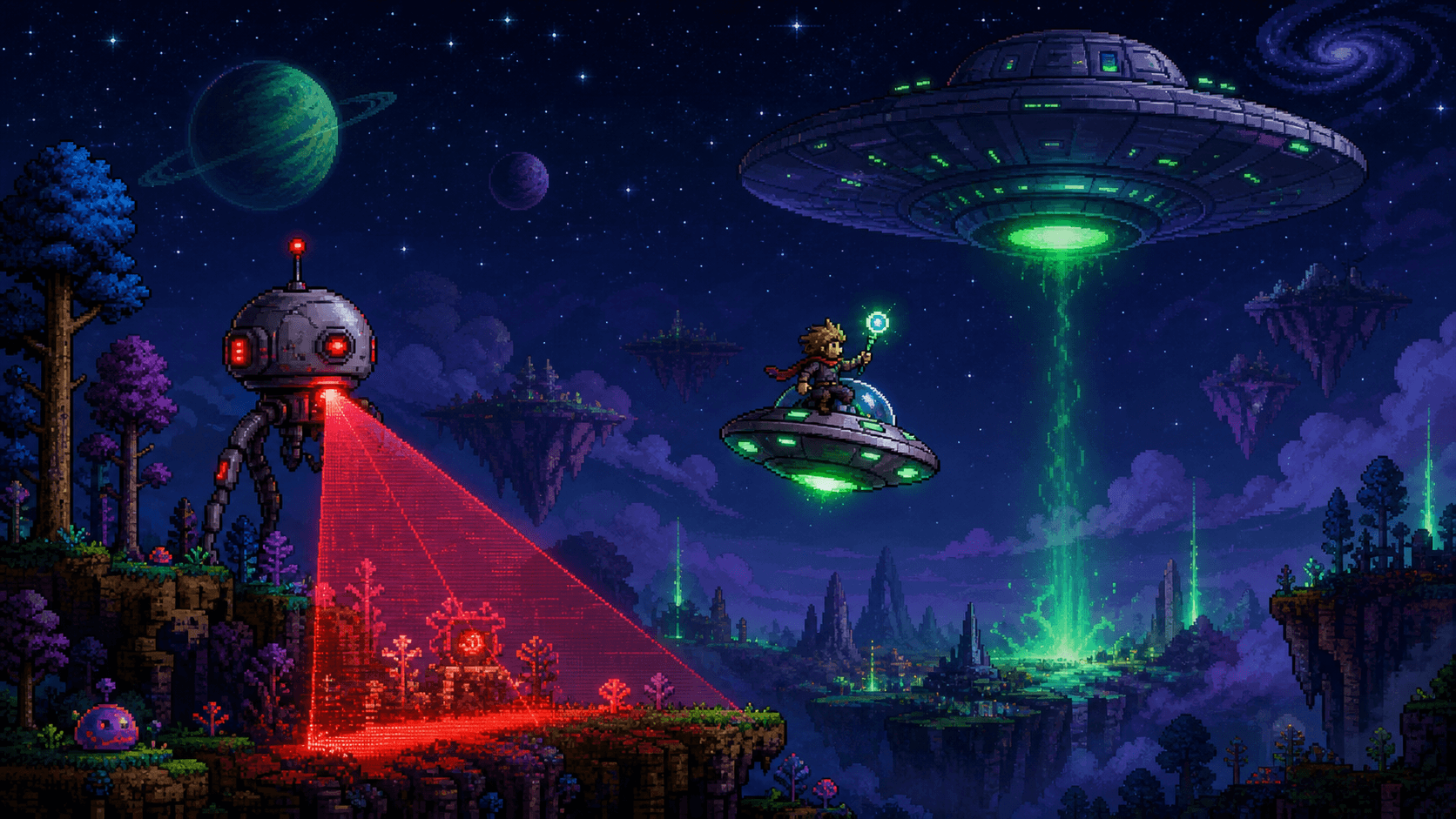 Terraria: Марсианский зонд сканирует игрока, а рядом летит НЛО-маунт и Марсианская тарелка