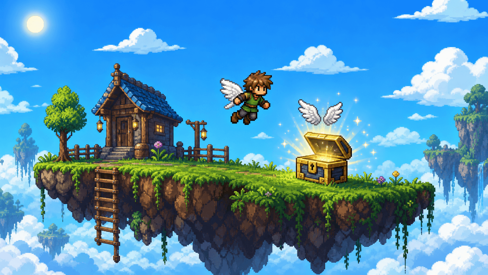Terraria: парящий остров, небесный сундук и персонаж с Крыльями птенца до хардмода