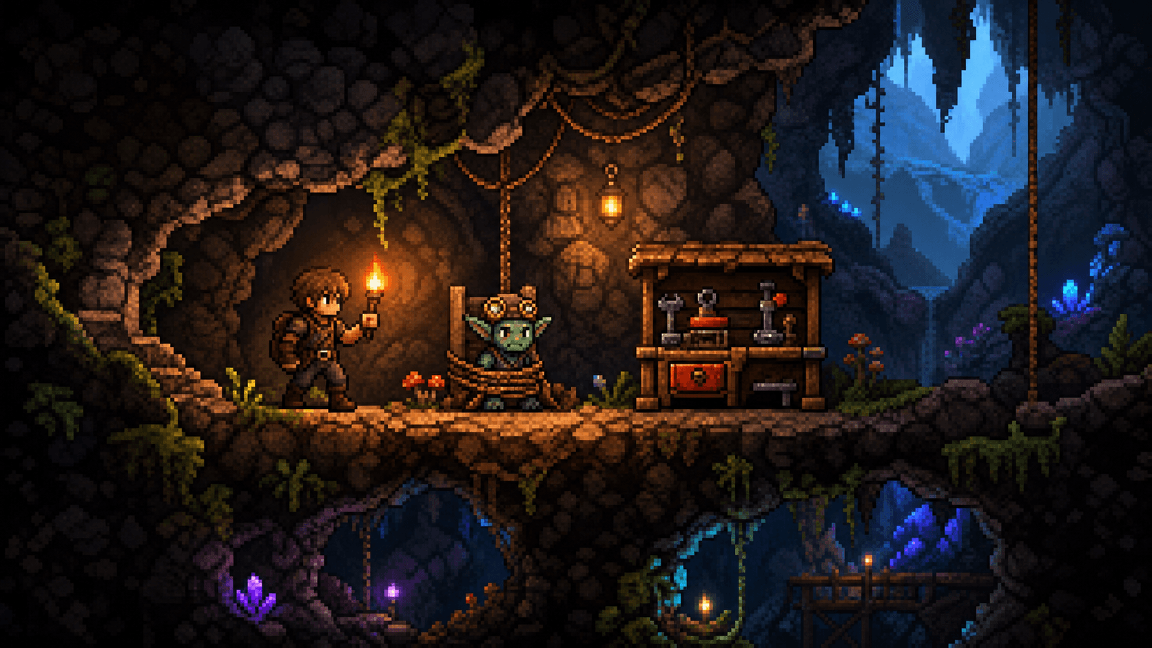 Terraria: игрок с факелом находит связанного Гоблина-инженера рядом с Мастерской инженера в пещере