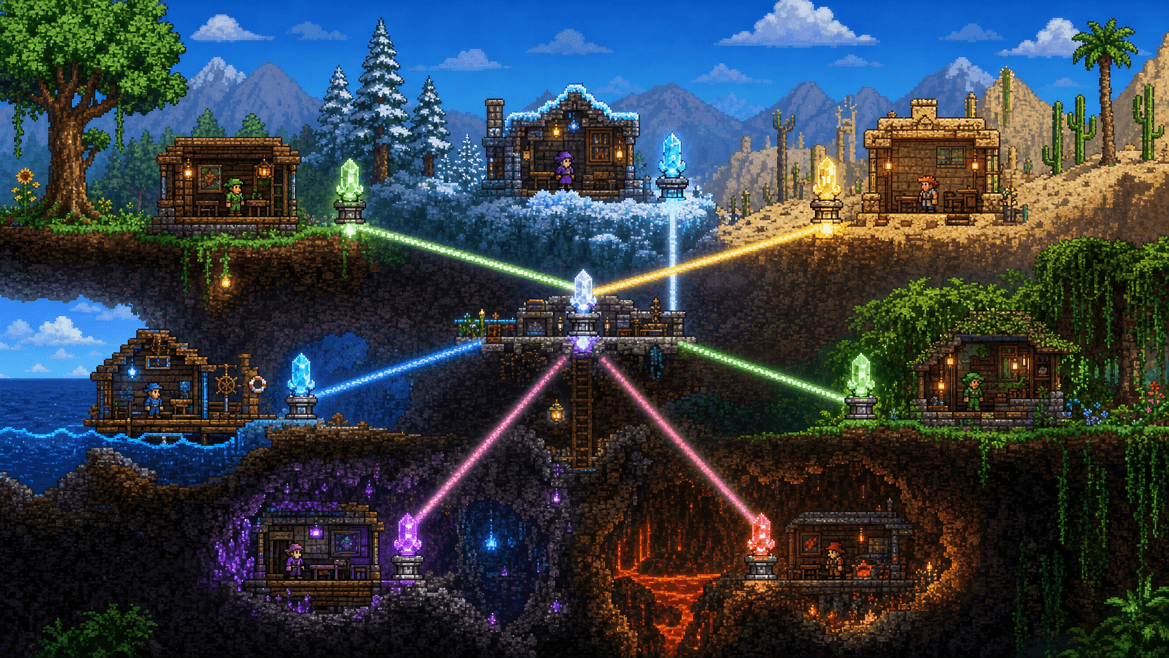 Terraria: сеть биомных пилонов между домами NPC в лесу, снегу, пустыне, джунглях и пещерах